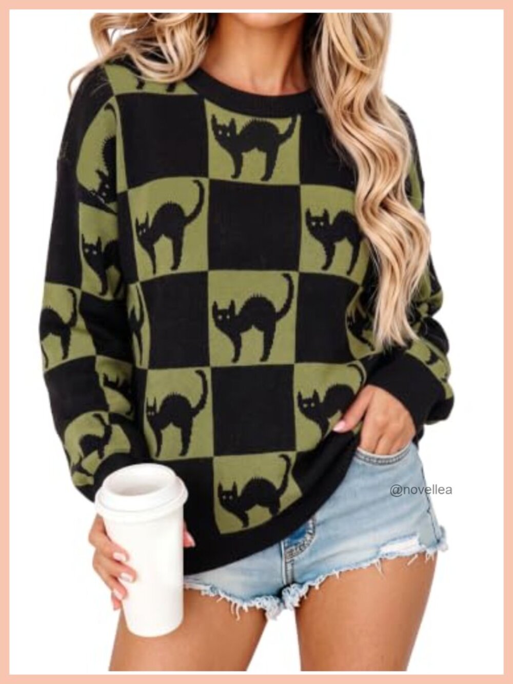 Women's Halloween Black Cat Knit Pullover Sweater Crewneck Long Sleeve